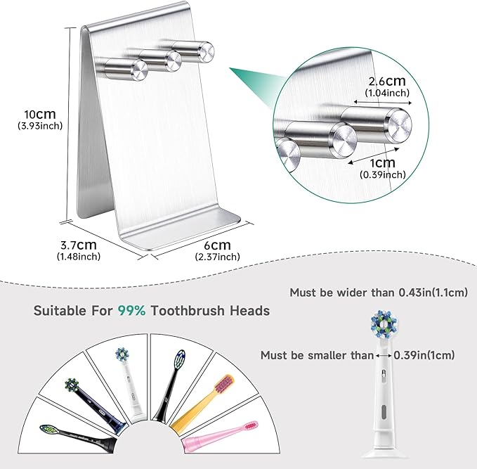 Electric Toothbrush Head Holder Adhesive or Tabletop, Tooth Brush Holder for Bathroom, Electric Toothbrush Holders Wall Mounted, Stainless Steel Tooth Brushing Holder, Brushed Brush Head Holder