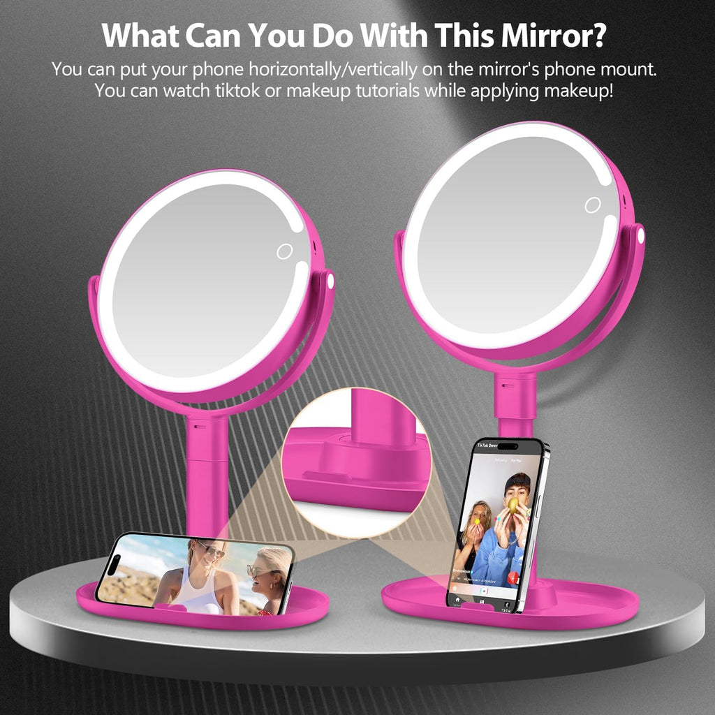 MIYADIVA Makeup Mirror with Lights, 30X Magnifying Mirror with Light and Touch Switch, Vanity Mirror with 3 Color Light and 80 LEDs, Height Adjustable Desk Mirror with Lights, Hot Pink