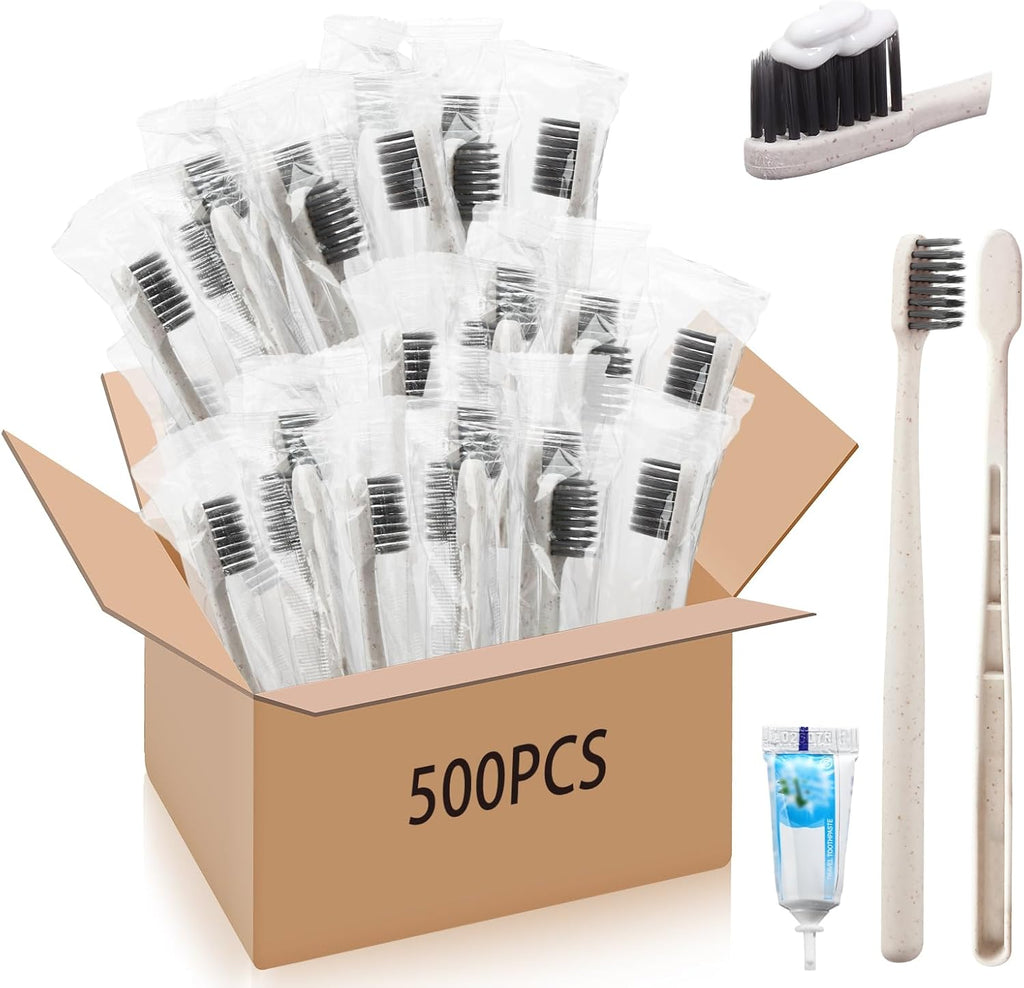 Uiifan 500 Sets Disposable Toothbrushes with Toothpaste Bulk Individually Wrapped Travel Toothbrush Kit Soft Bristle Tooth Brushes Homeless Supplies for Hotel Shelter Nursing Home Charity Donation
