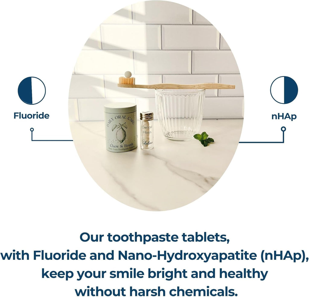 Smile More Toothpaste Tablets with Fluoride & nHAp - Vegan, Enamel Strengthening, Zero Waste, Eco-Friendly Tin (62 Tablets, Fresh Minty Yuzu, Travel-Friendly)