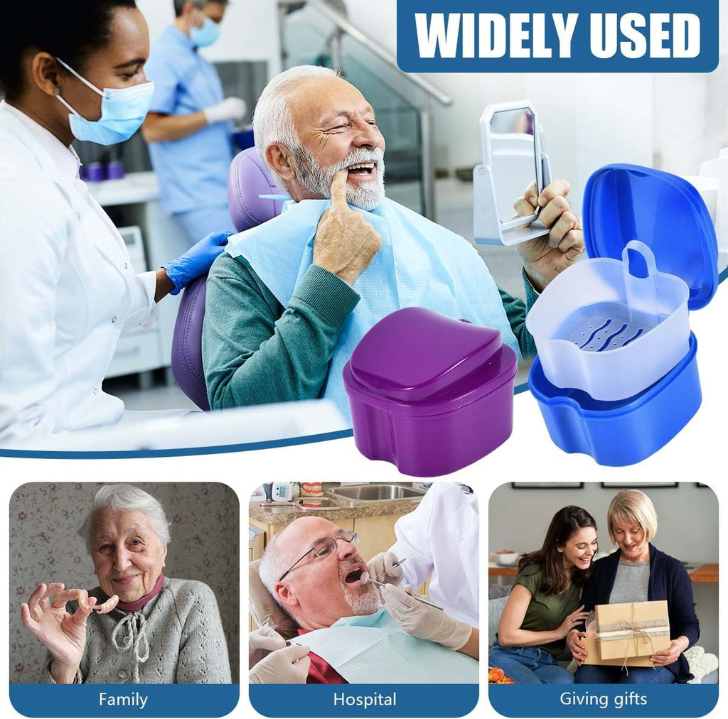 2 Pack Colors Denture Bath Case Cup Box Holder Storage Soak Container with Strainer Basket for Travel Cleaning (Blue and Purple)