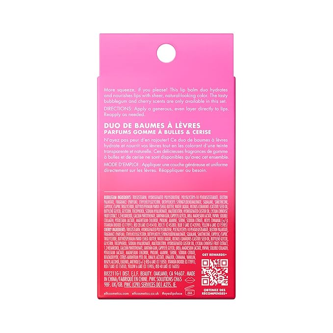 e.l.f. Squeeze Me More Lip Balm Duo, Moisturizing Balm For A Sheer Tint Of Color, Made With Hyaluronic Acid, Vegan & Cruelty-Free, Cherry & Bubblegum (Pack of 2)