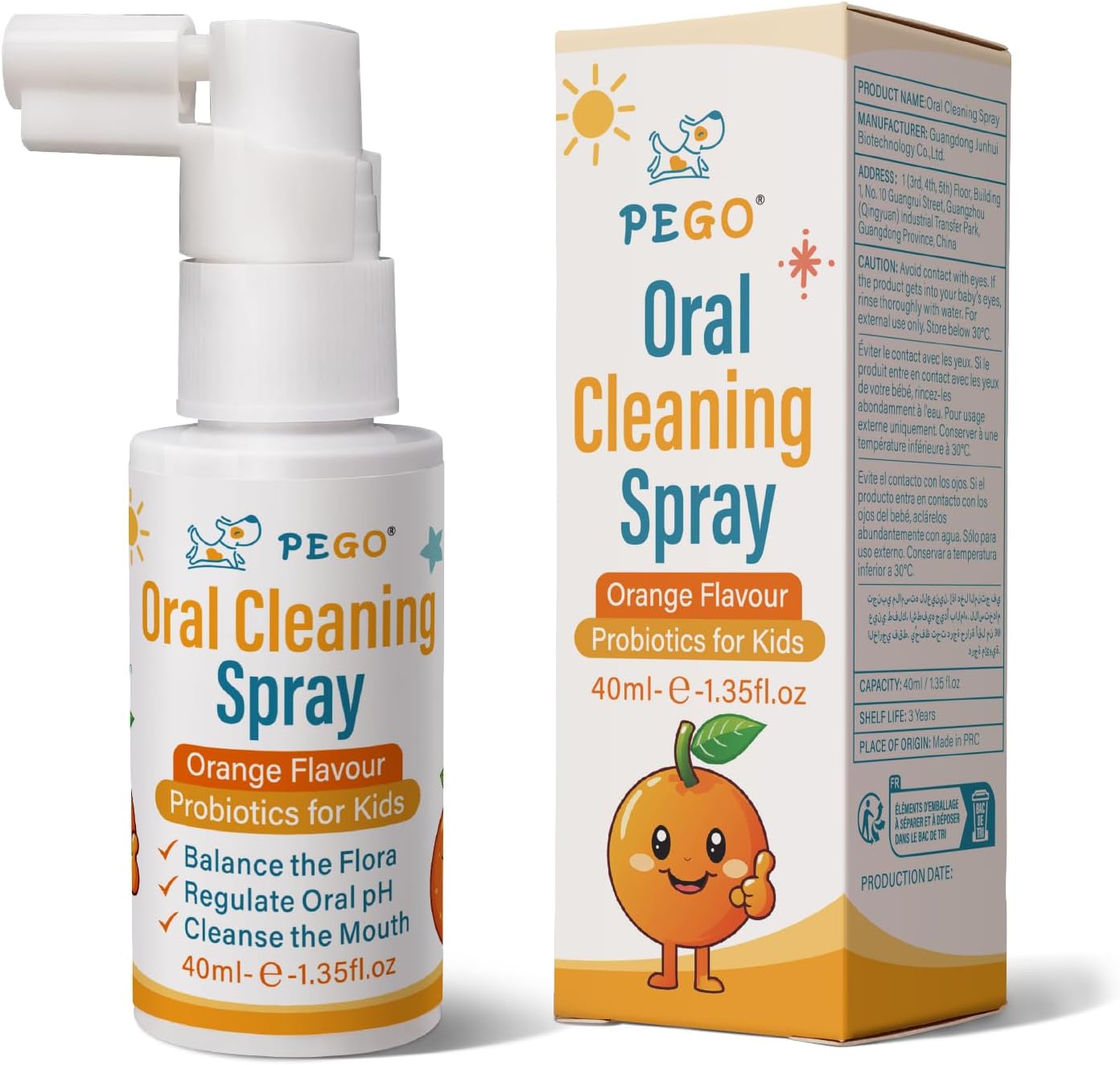 PEGO Kids Oral Spray, Toddler Toothpaste Helper for Daily Oral Care and Fresh Breath, Kid's Mouth Spray with Fluoride Free for Newborn to Preschoolers (40ml*1, Orange)