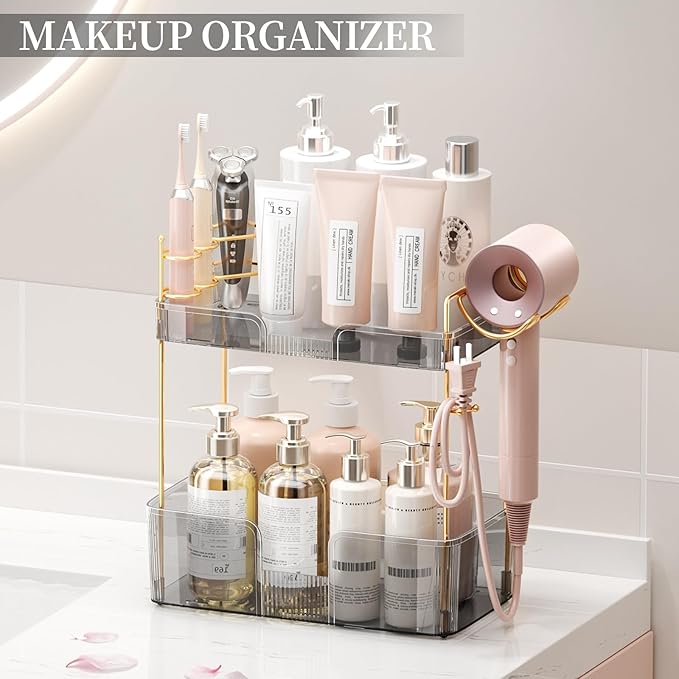 2 Tier Bathroom Counter Organizer with Hair Dryer Holder, Modern Style, Grey