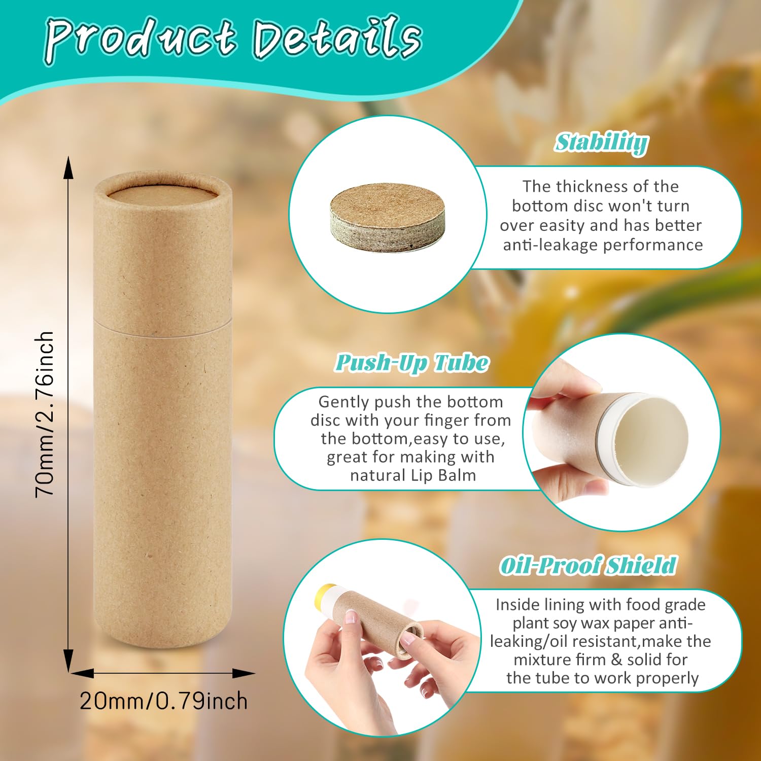 50 Pcs 0.3 oz Paperboard Lip Balm Tube,Empty Kraft Paper Chapstick Tube Holder,Push-Up Style Biodegradable Solid Perfume Lip Gloss Container for Lip Balm,Natural Compostable Container - Brown