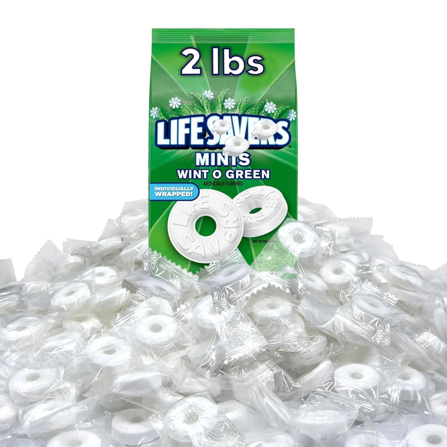 Life Savors Wint O Green Mints - 2 Pounds of Delicious Wintergreen Fresh Breath Mints - (Approx 220 Pieces) - Individually Wrapped - Bulk Hard Candy