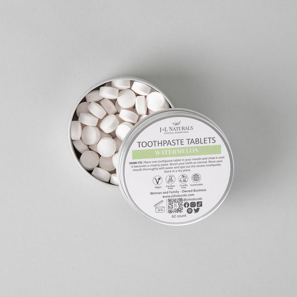 J&L Naturals Toothpaste Tablets | 62-Pack Travel-Friendly Toothpaste | Fluoride + Plastic Free, Vegan, Cruelty Free, Sustainable | Woman-Owned Small Business (Watermelon, 62 Count (Pack of 4))