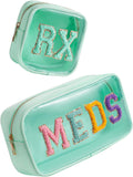 2Pcs Large Chenille Letter Clear Medicine Makeup Bag Set,Nylon PVC Waterproof Rx Meds Pouch with Metal Zipper, Cute Drug First Aid Travel Organizer for Women Girls(2pcs Mint)