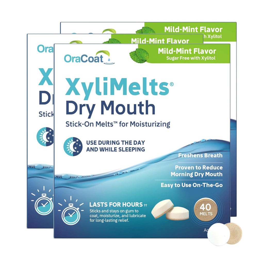 Oracoat XyliMelts for Dry Mouth Night Time or Day - Moisturizing Dry Mouth Adhering Discs, Sugar Free with Xylitol, 40 Count - Pack of 3, Mild Mint Flavor, 8-Hour Relief