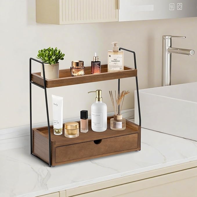 2-Tier Bathroom Organizer Countertop with Drawer, Wood Counter Organizer for Bathroom Decor, Sink Shelf for Vanity Storage, Makeup Tray for Perfume Skincare Bedroom Kitchen Corner