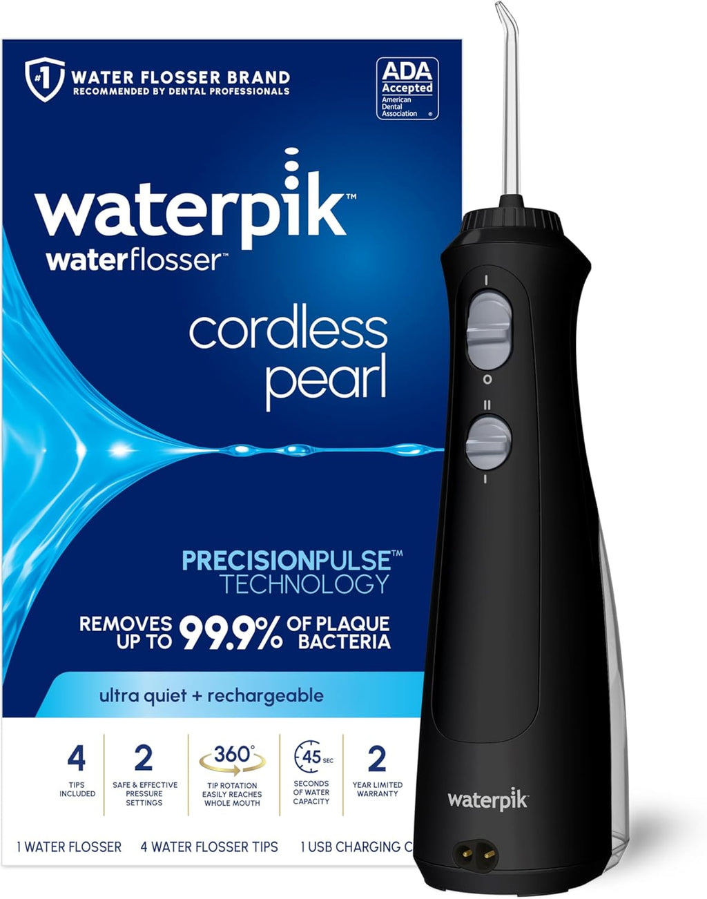 Waterpik Cordless Pearl Rechargeable Portable Water Flosser for Teeth, Gums, Braces Care and Travel with 4 Flossing Tips - ADA Accepted, WF-13 Black, Packaging May Vary