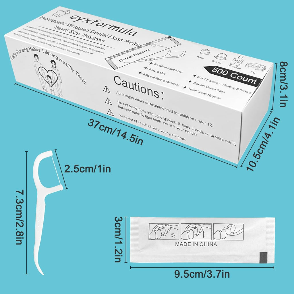 Eyxformula 500 Count Individually Wrapped Floss Picks, Disposable Mini Travel Size Dental Flossers, Bulk Individual Floss Sticks for Hotel Office Car Guest Bathroom On-The-Go Oral Care Teeth Clean