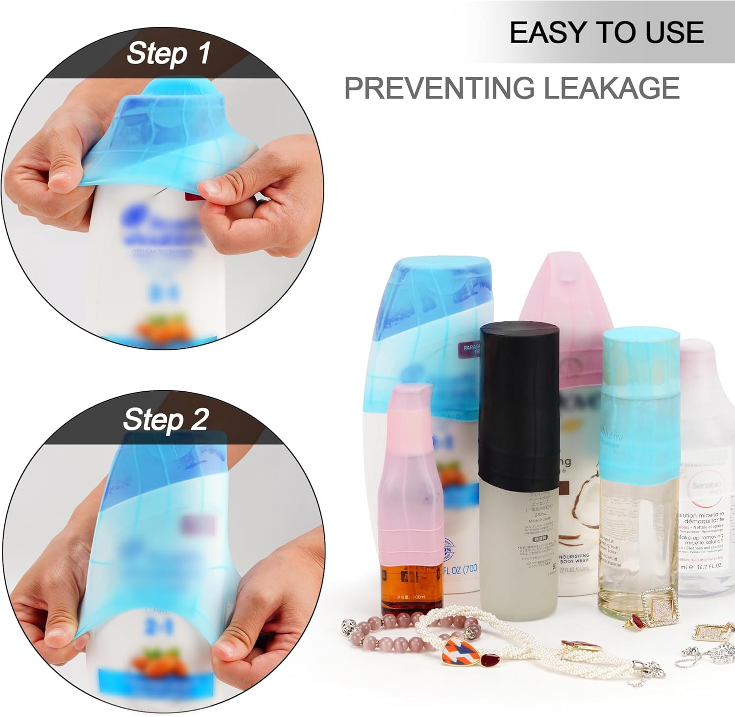 Travel Hanging Toiletry Bag for Women, Large Makeup Bag 8 Leak Proofing Silicone Bottle Covers, Waterproof Cosmetic Bag with Jewelry Organizer Compartment, Toiletries Kit Set, Blue