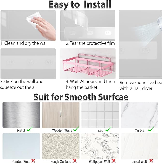 5 Pack Shower Caddy Organizer Rack Shelf for Inside Shower, Adhesive Bathroom Wall Storage Basket Rustproof Stainless Steel Shampoo Holder, Girly Bathroom Accessory Decor Set, Pink