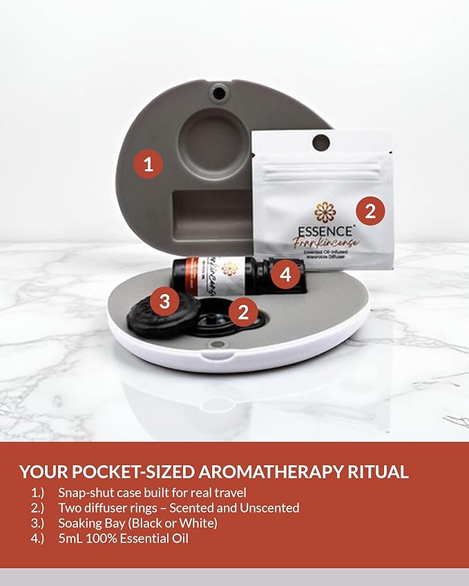 Essence Pearl Travel Case - Wearable Aromatherapy Kit with Nasal Diffuser Rings, Soaking Bay, and 5mL Essential Oil – Portable Wellness Gift Set for On?The?Go Self Care