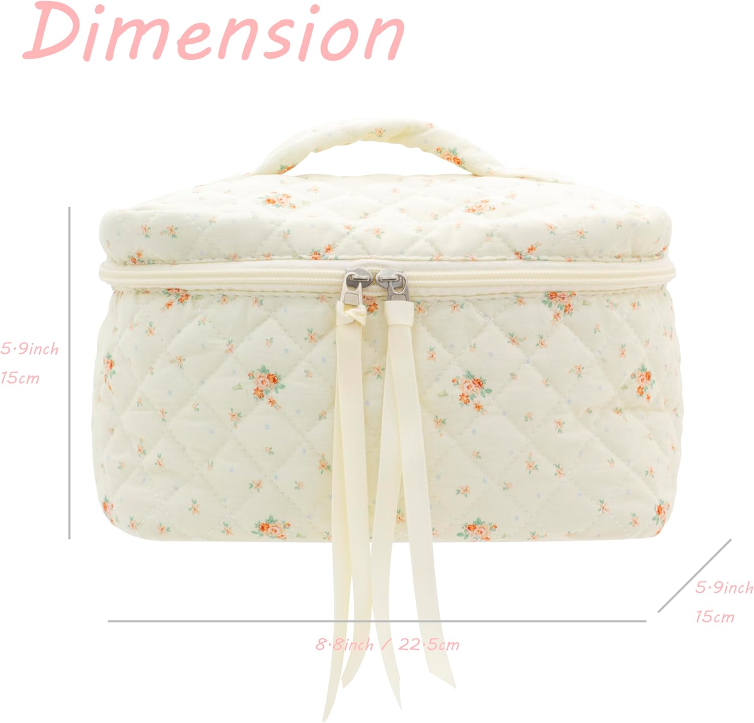 PAZIMIIK Quilted Makeup Bag Large Travel Zipper Soft Cosmetic Case for Women Girls Make Up,Floral White