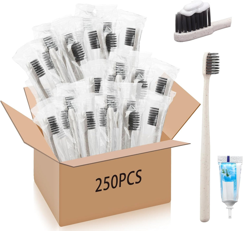 Uiifan 250 Sets Disposable Toothbrushes with Toothpaste Bulk Individually Wrapped Travel Toothbrush Kit Soft Bristle Tooth Brushes Homeless Supplies for Hotel Shelter Nursing Home Charity Donation