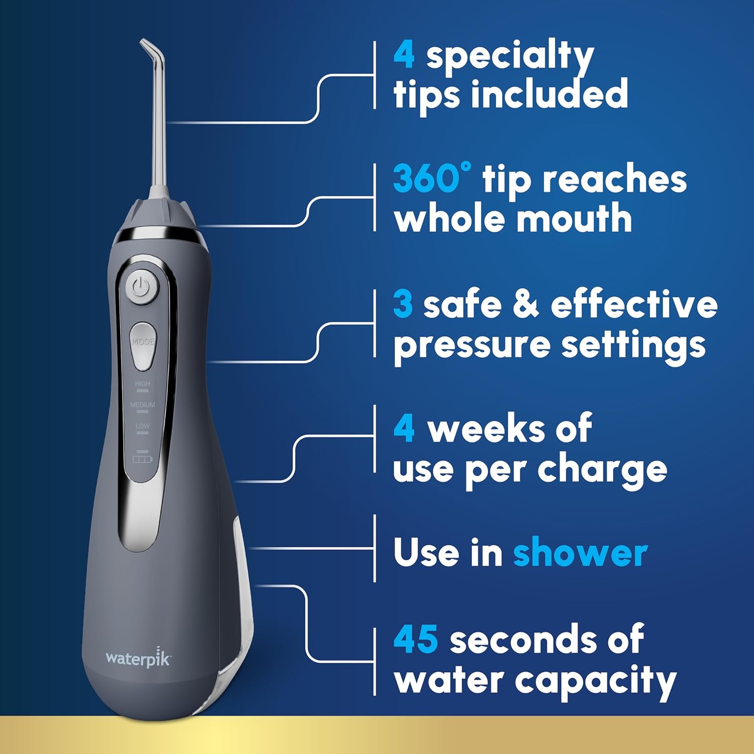 Waterpik Cordless Advanced 2.0 Water Flosser For Teeth, Gums, Braces, Dental Care With Travel Bag and 4 Tips, ADA Accepted, Rechargeable, Portable, and Waterproof, Gray WP-587, Packaging May Vary