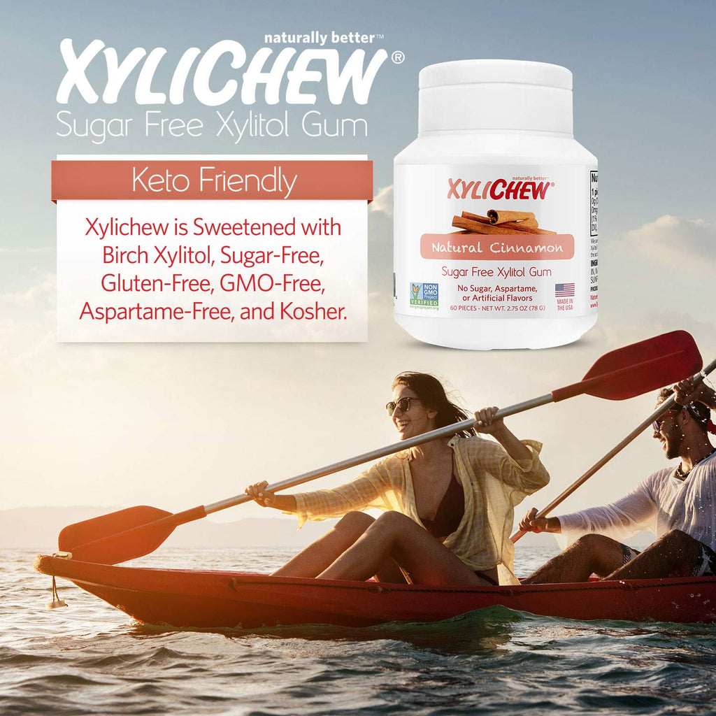 Xylichew 100% Xylitol Chewing Gum - Non GMO, Non Aspartame, Gluten Free, and Sugar Free Gum - Natural Oral Care, Relieves Bad Breath and Dry Mouth - Cinnamon, 60 Count