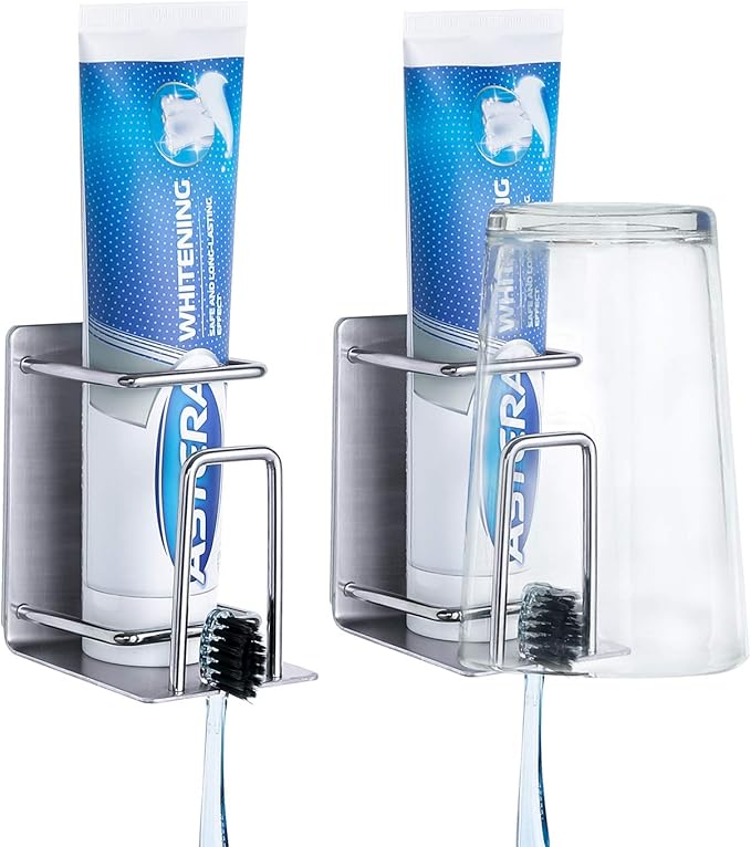 Stainless Steel Adhesive Wall Mounted Toothbrush Holder, 3 in 1 Organizer for Toothbrush, Toothpaste, and Cup (Silver (2 Pack))