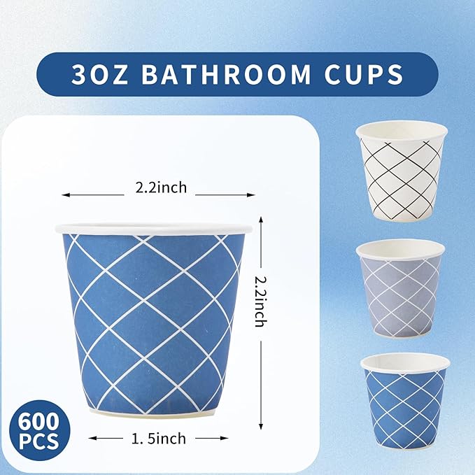 Tamone 600 Pack 3 oz Bathroom Cups, Small Paper Cups, Mouthwash Cups, Disposable Paper Cups, white, blue cups, gray cups, 3oz Paper Cups for Party, Picnic, BBQ, Travel, Home and Event