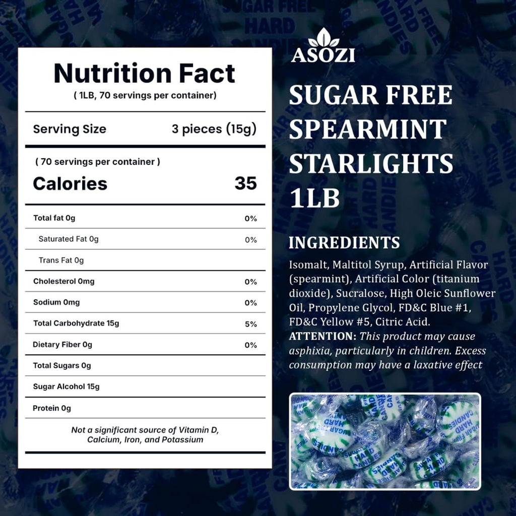 Sugar Free Spearmint Starlights - 1lb Bulk, Sugarless Mints Candy, Guilt-free Hard Candy - Ideal for Diabetics, Low-Sugar Diets, Freshen Breath, Guilt-Free Treats by ASOZI