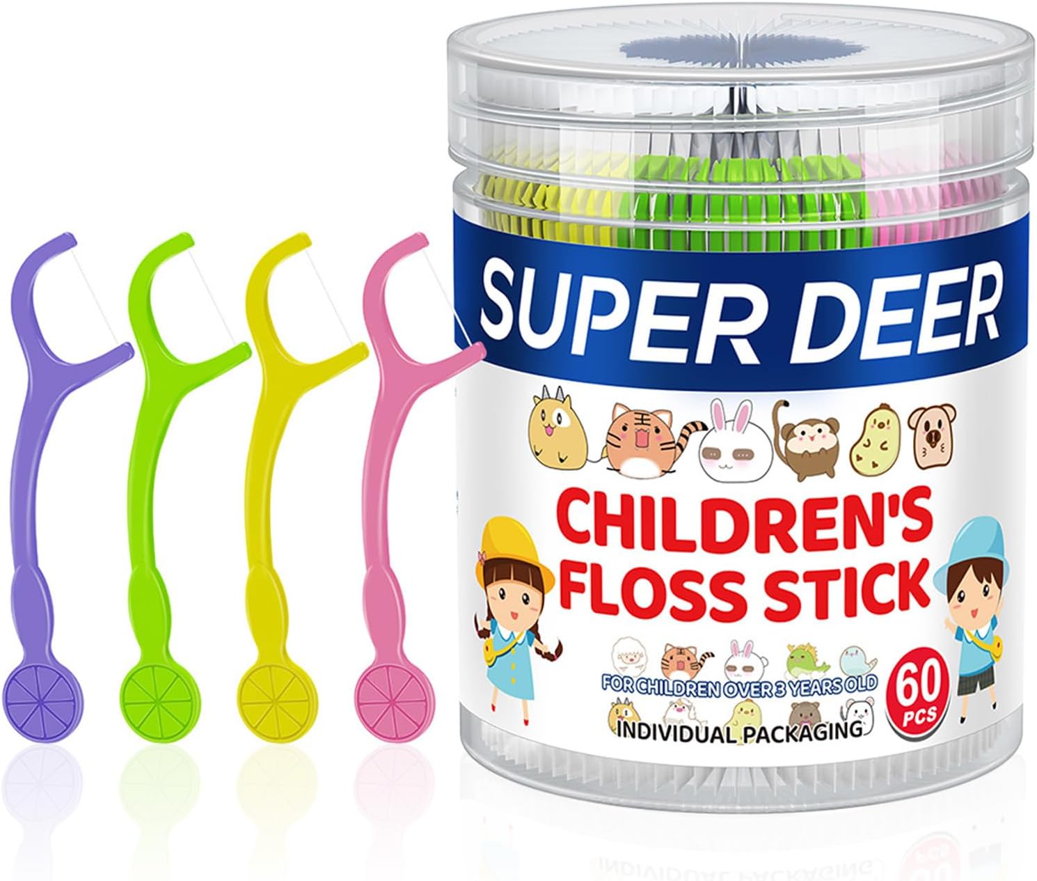 Super Deer Children's Dental Floss Sticks, 60 Count, Individually Packaged, Ages 3+, Shred Resistant, Perfect for School, Travel & Playdates