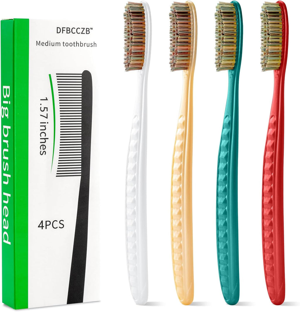 Big Head Medium Toothbrush Long Head Adult Toothbrush Cleaning Stains whitening Teeth Set of 4.