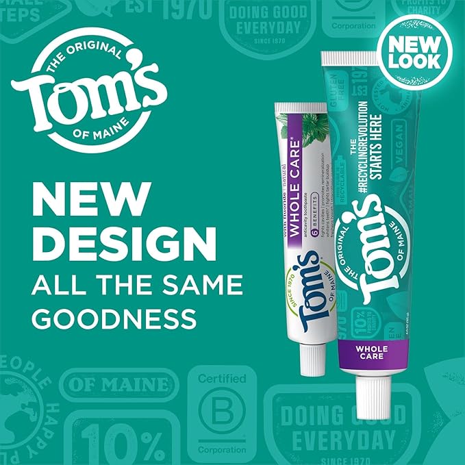 Tom's of Maine Whole Care Natural Toothpaste with Fluoride, Peppermint, 4 oz. 3-Pack (Packaging May Vary)