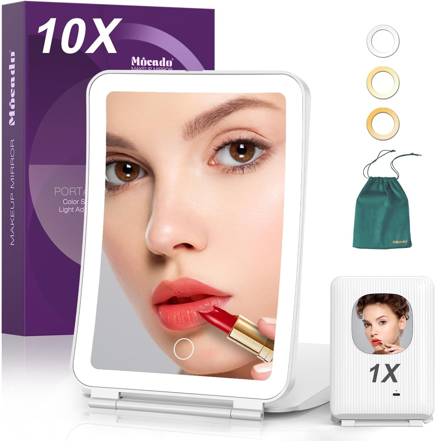 Mocado Travel Makeup Mirror with Light, 1x/10x Magnifying Mirror with Light, 3 Colors Lighted Magnifying Mirror, 2000mAh Rechargeable Lighted Makeup Mirror, Dimmable Touch, Memory Function (White)