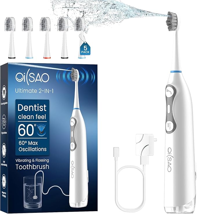 3-in-1 Flossing Toothbrush-Flosses, Vibrates and Oscillates, Electric Toothbrush with Water Flosser Equipe 5 Brush Heads, Plaque Removal for Sensitivity, Braces-White