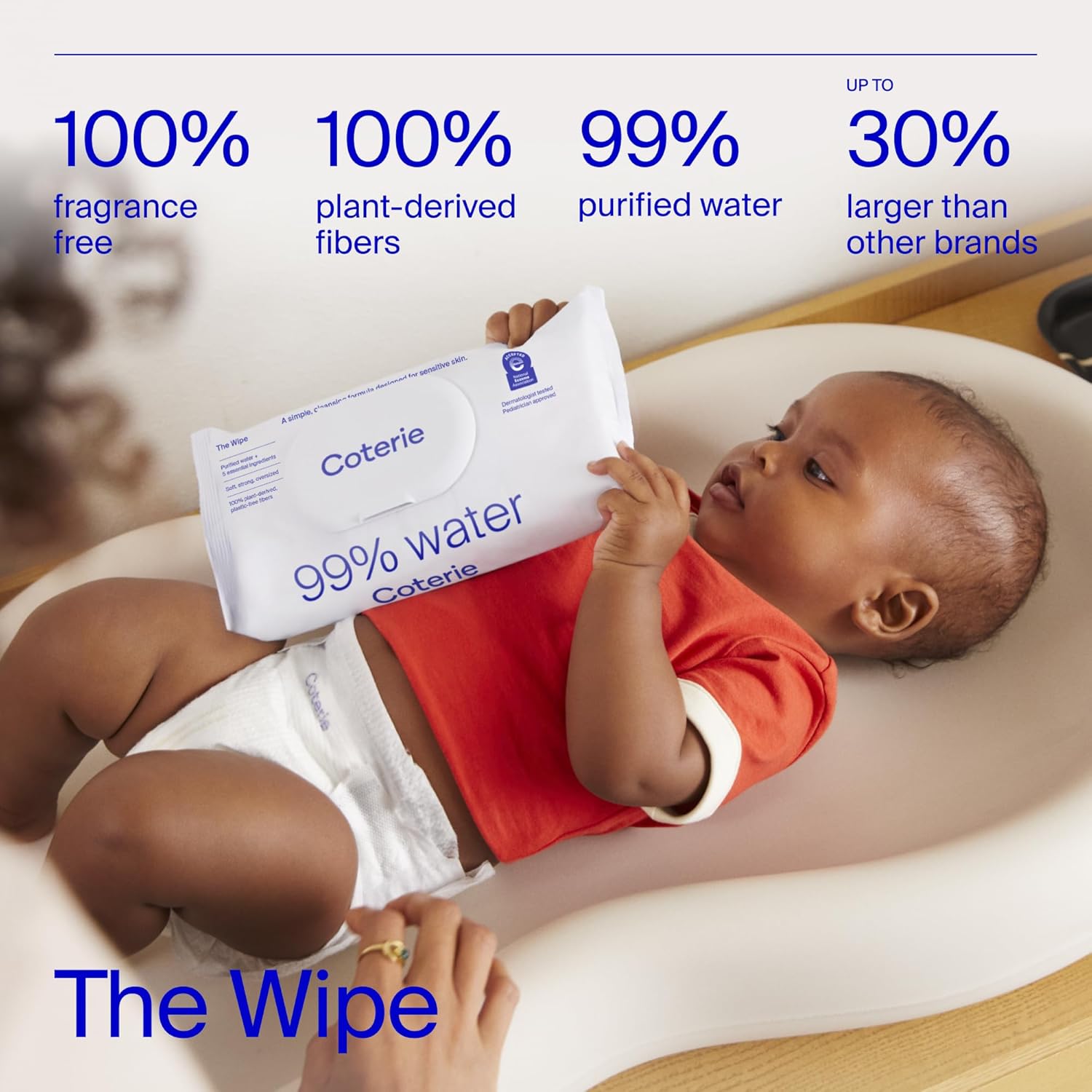Coterie Baby Wipes for Sensitive Skin, Plant-Based and Plastic-Free Fibers, 99% Water, Hypoallergenic, pH Balanced, Unscented, Clean and Gentle Baby Essentials, 16 Pack, 896 Count