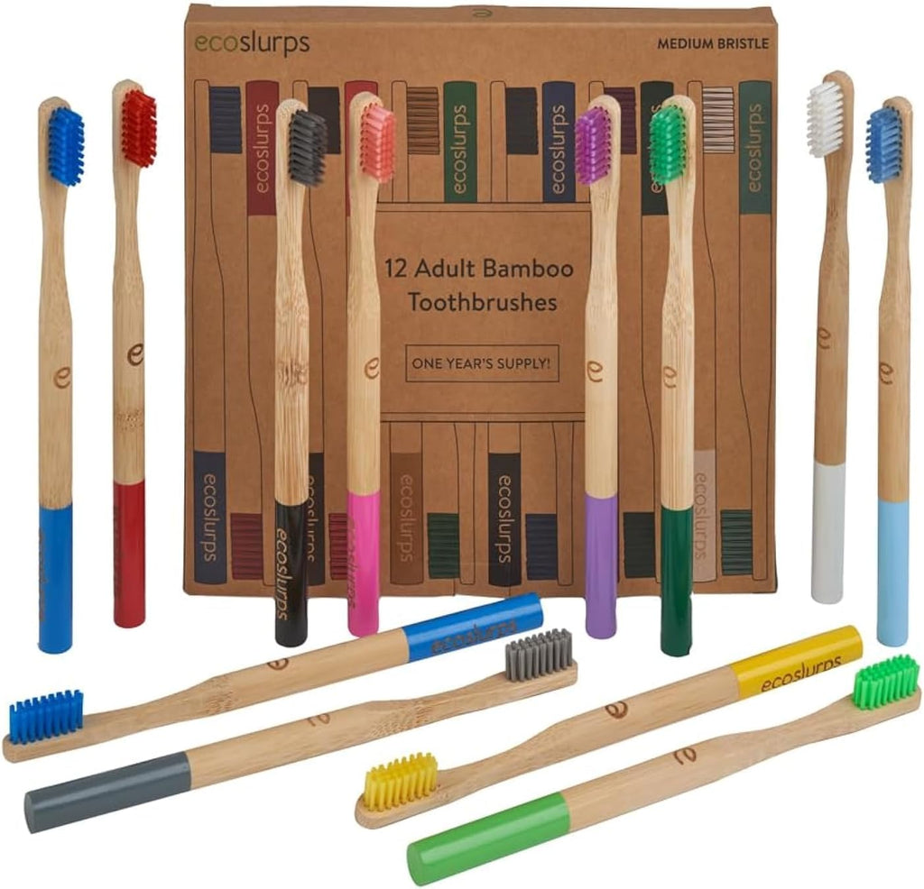 EcoSlurps Bamboo Toothbrushes (12 Adult Medium, Multi-Colored)
