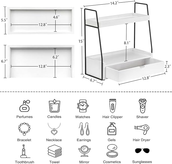 2-Tier Bathroom Organizer Countertop with Drawer, Wood Counter Organizer for Bathroom Decor, Sink Shelf for Vanity Storage, Makeup Tray for Perfume Skincare Bedroom Kitchen Corner