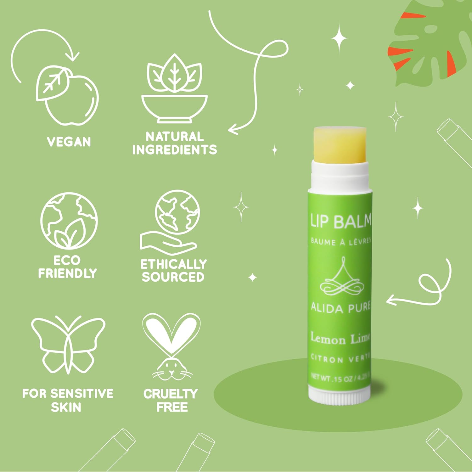 Lemon Lime Lip Balm Collection, Vegan Set, Bees Wax Free, Organic Jojoba and Avocado Oil, Vitamin E, Moisturizer For Dry Cracked Lips, 3 Tubes of Lip Balm per Set