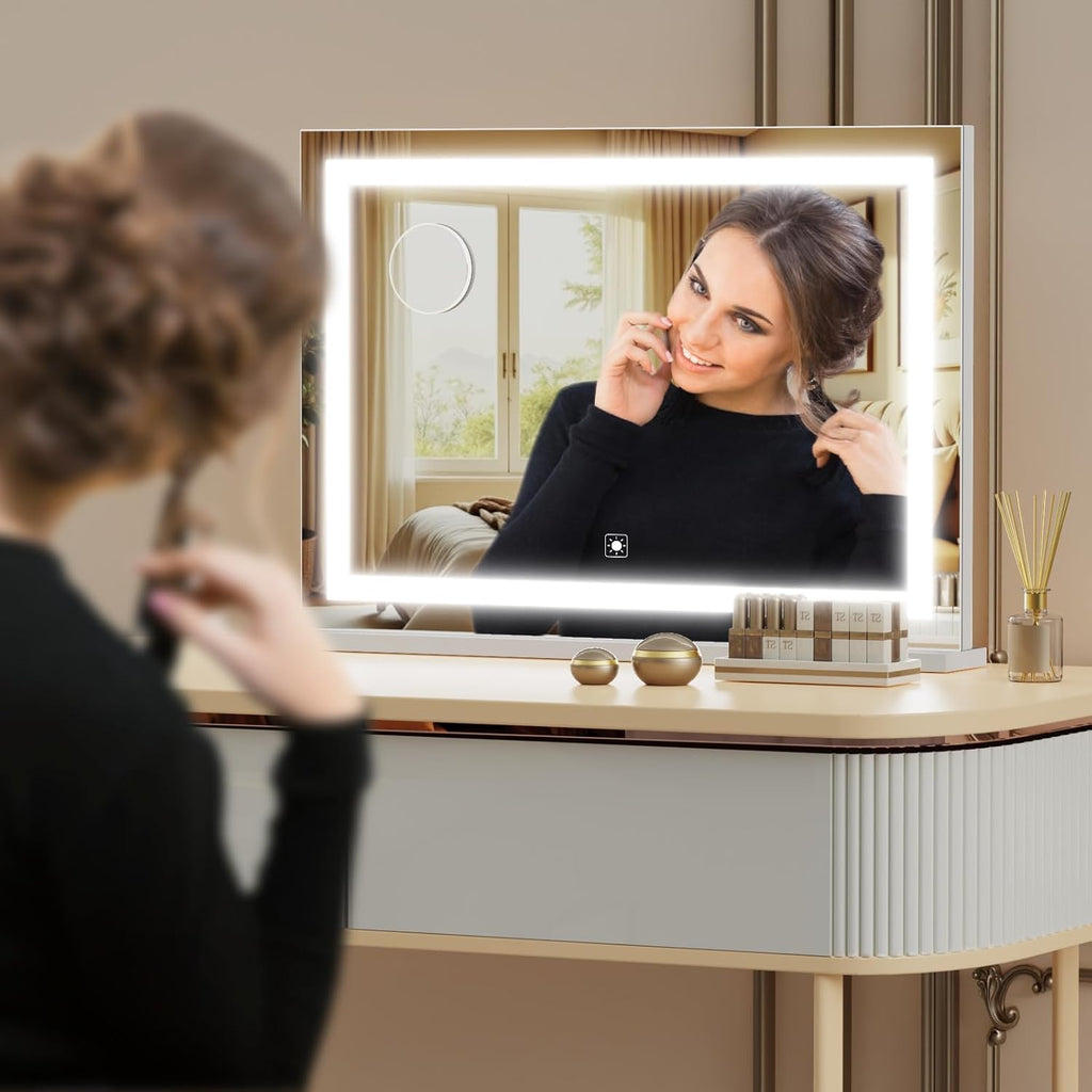 Makeup Vanity Mirror with Lights 26" x 20" Large LED Makeup Mirror, Light up Mirror with 10X Magnification and USB Charging Port, Dimmable 3 Modes, Touch Screen Control Square Corner