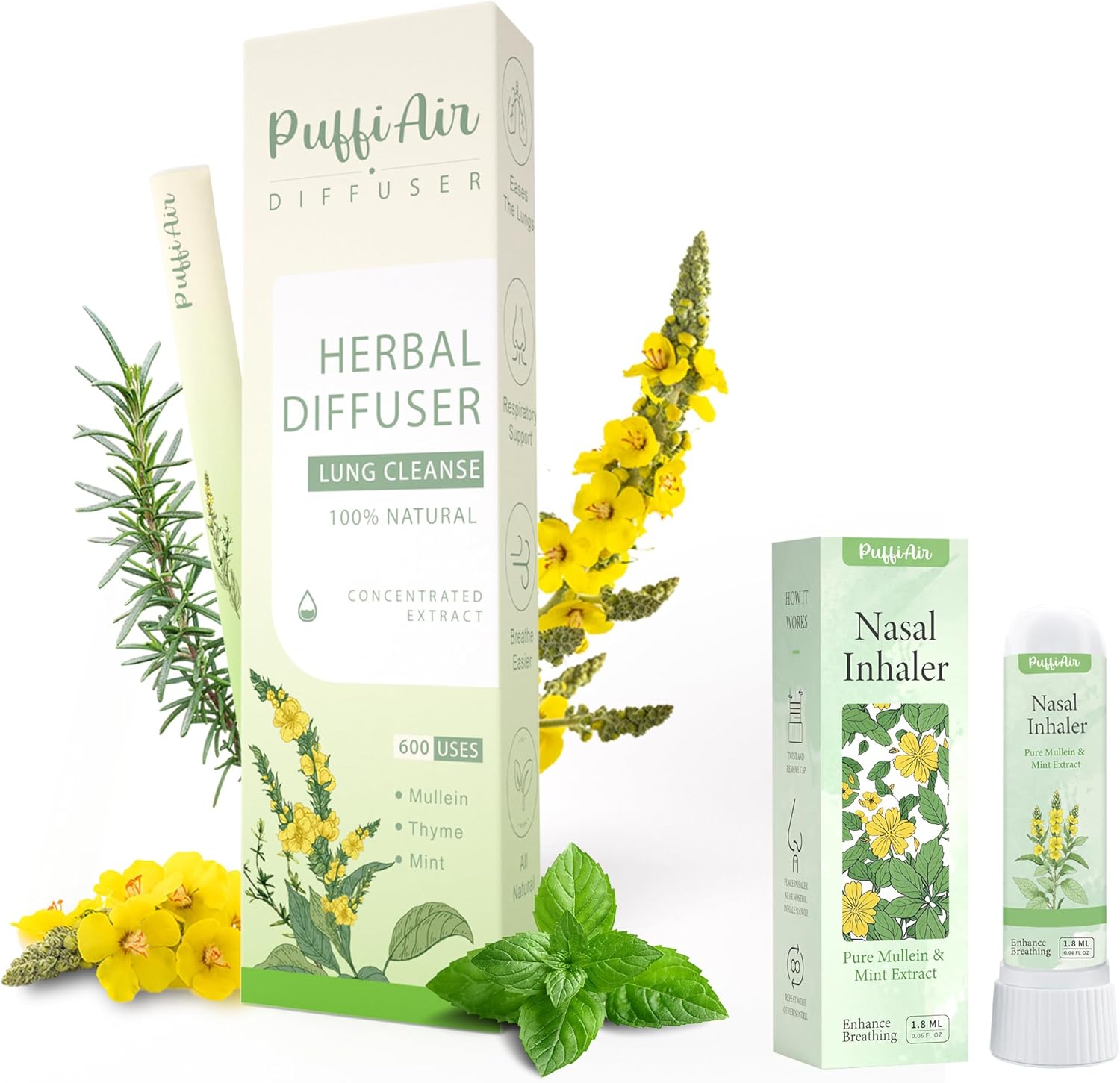 Herbal Diffuser Pen with Extracts of Mullein/Thyme/Mint 600 Uses and Nasal Stick Pure Mullein & Mint Extract丨 Boost Focus, Reduce Fatigue & Stuffy Noses Instant Refreshment