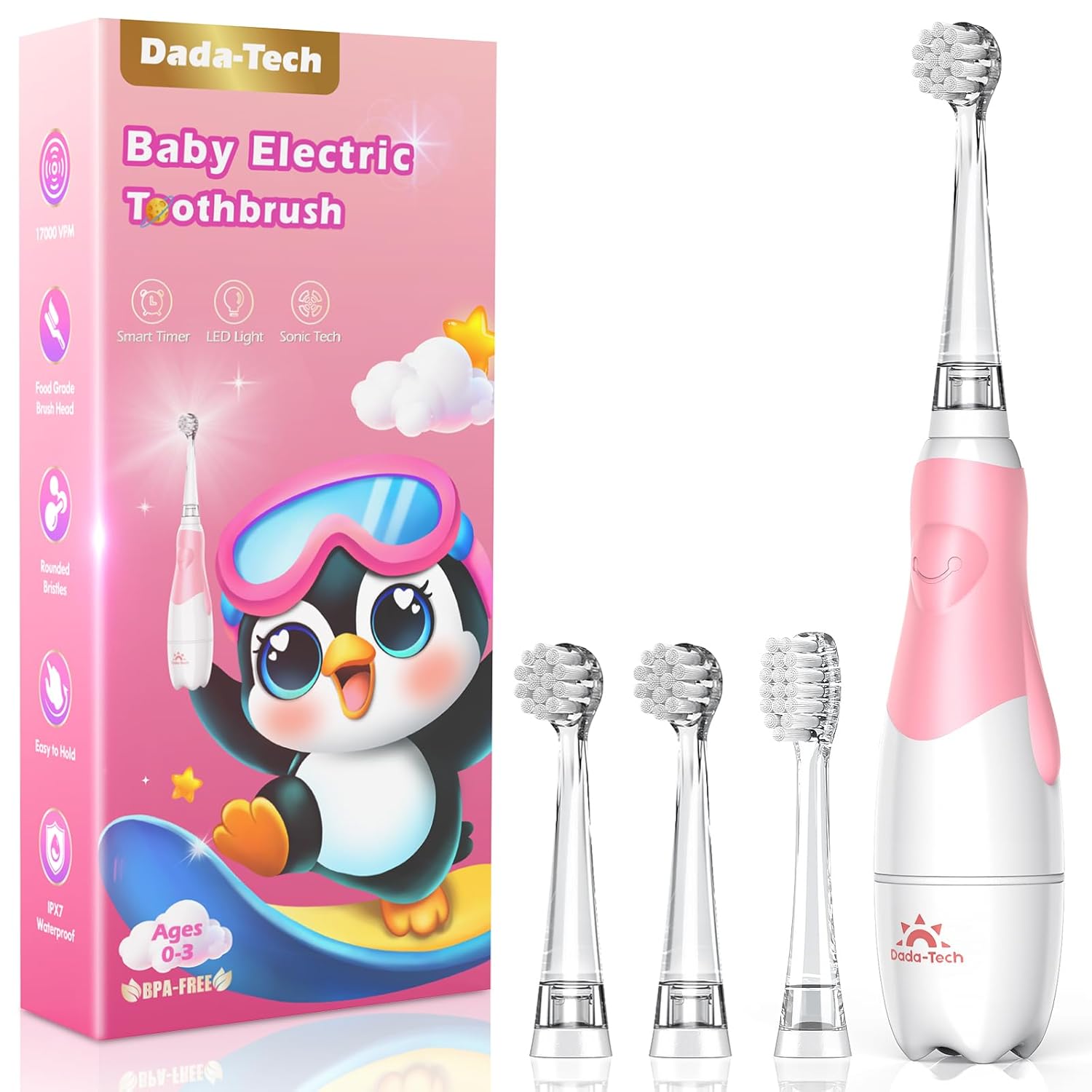 DADA-TECH Toddler Electric Toothbrush Kids Age 1-2-3 Years Old, Baby Electric Toothbrush with LED Light 2 Minutes Timer 4 Vibrating Heads for Infants Toothbrush 6 to 12 Months and Up (Pink)