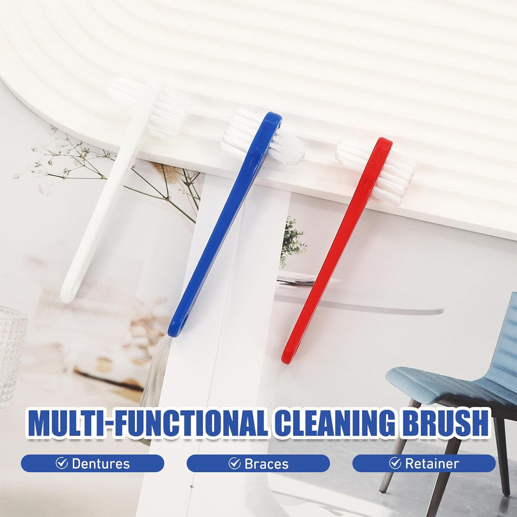12pcs Denture Brush Dual, Head Portable Firm Hard Bristle Denture Toothbrush,Denture Cleaning Brush Retainer Brush Dental Toothbrush for False Teeth, Clear Braces and Mouth Guards(White,Blue, Red）