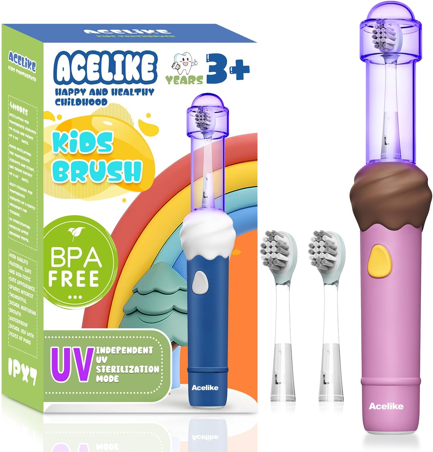 UV Self Clean Kids & Toddlers Electric Toothbrush | Improve Safe and Hygiene | Soft Bristles | Easy-Grip Silicone Handle | 4 Modes & 2-Min Timer | One Charge Last 60 Days | Age 3+ (Pink)