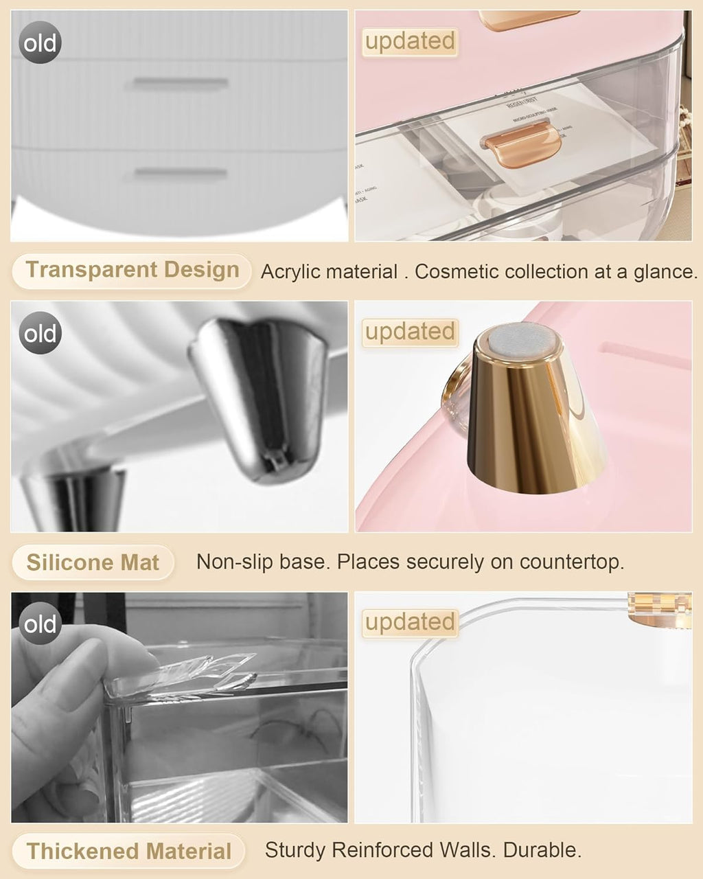 Makeup Organizer with Lipstick Holder, Skincare Organizers Storage Box Cosmetic Display Cases, Teen Girl Gifts Make up Organizers for Vanity, Dresser, Countertop, Bathroom(Pink)