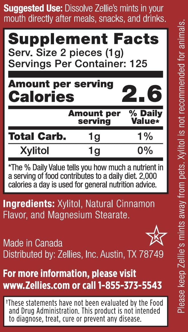 Zellie's | 100% Xylitol Cinnamon Breath Mints | No Aspartame, Gluten Free, Vegan & Kosher Mints (250 Count - Pack of 1)