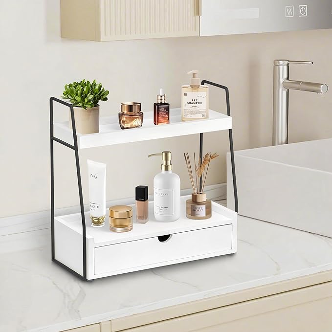 2-Tier Bathroom Organizer Countertop with Drawer, Wood Counter Organizer for Bathroom Decor, Sink Shelf for Vanity Storage, Makeup Tray for Perfume Skincare Bedroom Kitchen Corner