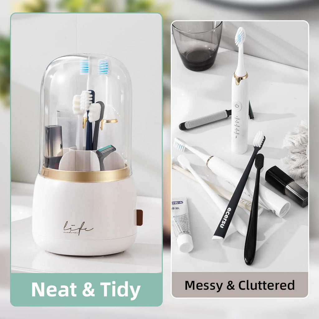 Toothbrush Holders for Bathrooms, Rotating 7 Slots Electric Toothbrush Holders with Cover, Countertop Toothpaste Organizers (White)