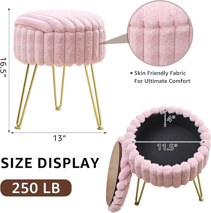Wimarsbon Vanity Stool with Storage, Faux Fur Ottoman Chair with Metal Legs, Round Makeup Vanity Chair for Bedroom or Dressing Table, Modern Small Ottoman Seat (Pink)