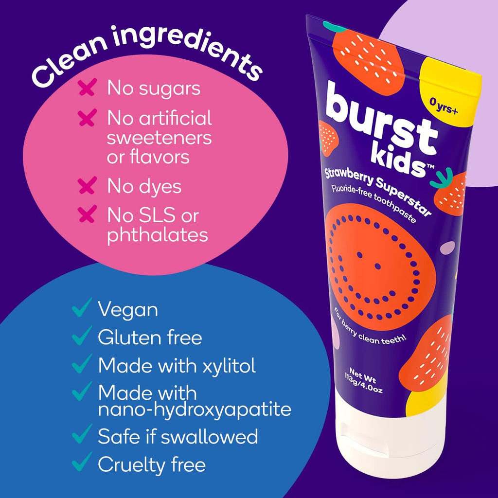 BURST Fluoride Free Strawberry Kids Toothpaste (4oz/2 Pack) | Great Tasting, Dye Free for Baby & Toddler Age 0+ | with Nano Hydroxyapatite
