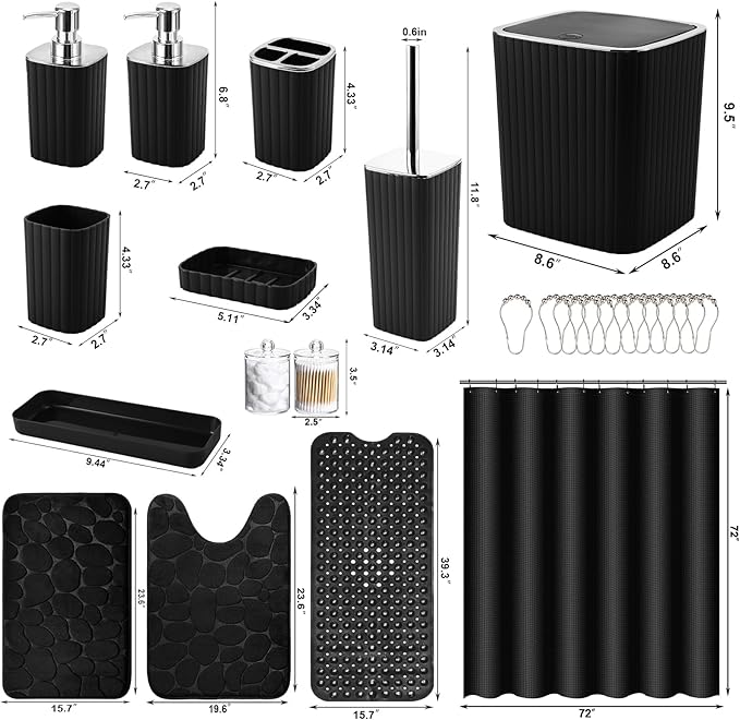 26PC Bathroom Accessories Set - Gorgeous Black Bathroom Set, Bathroom Accessory Set, Black Shower Curtain Set with Bathtub Mats for Shower Tub