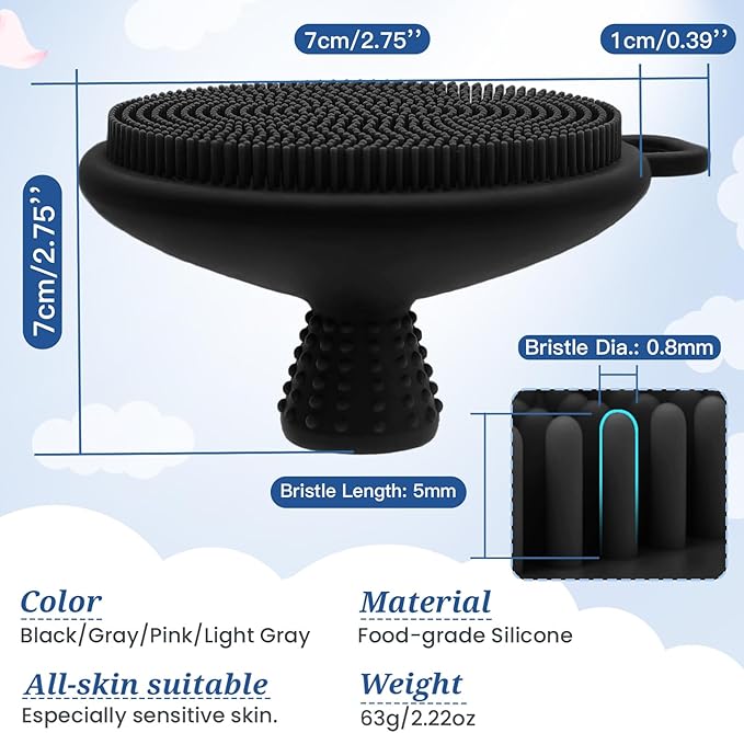 Silicone Face & Back Scrubber Set, Manual Face & Body Scrubber Exfoliator with Soft Bristles and Non-Slip Handle, Back Brush Bath Brush with 2 Detachable Brush Heads(3PCS Black Set)
