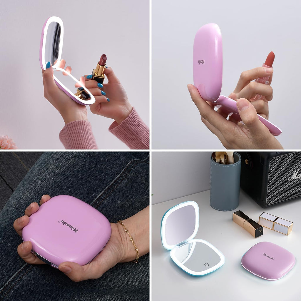 Mocado Compact LED Travel Makeup Mirror - 4 Inches 1X/10X Magnification Travel Mirror with Light Dimmable Double Sides Lighted USB Rechargeable Compact Mirror for Purse,Pocket,Travel(Purple)