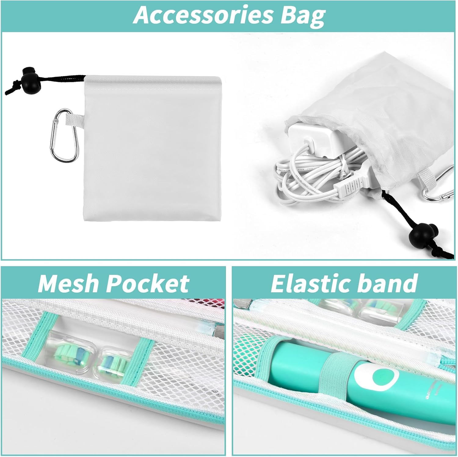 Toothbrush Travel Hard Case Compatible with Oral-B Pro 1000, 2000, 3000, 3500, 1500/ for Philips Sonicare ProtectiveClean 4100 5100 Electric Toothbrush with Mesh Pocket&Carabiner - White (Bag Only)